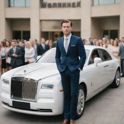 A successful 26-year-old businessman stepping out of his Rolls Royce in front of a large mall, admired by a gathered crowd of people, with many women captivated by his sculpted physique