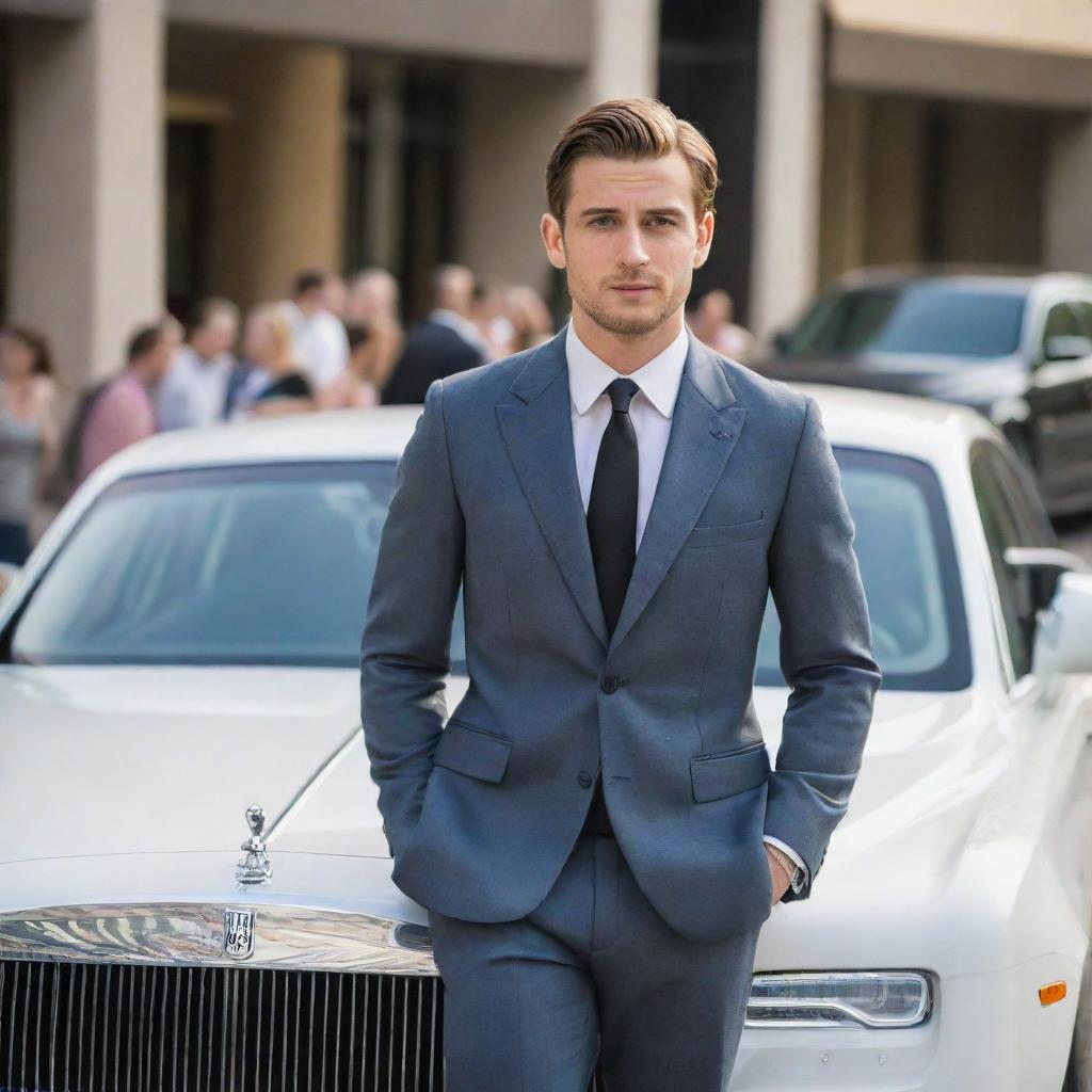 A successful 25-year-old businessman emerging from his Rolls Royce car in front of a bustling mall, drawing admiring and intrigued gazes from the crowd, with particular emphasis on his notable physical fitness.