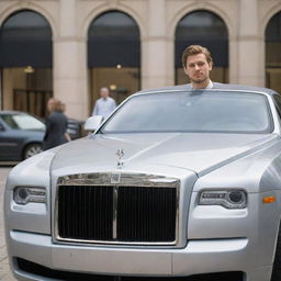 A successful 25-year-old businessman emerging from his Rolls Royce car in front of a bustling mall, drawing admiring and intrigued gazes from the crowd, with particular emphasis on his notable physical fitness.