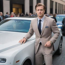 A successful 25-year-old businessman emerging from his Rolls Royce car in front of a bustling mall, drawing admiring and intrigued gazes from the crowd, with particular emphasis on his notable physical fitness.