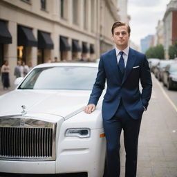 A successful 25-year-old businessman emerging from his Rolls Royce car in front of a bustling mall, drawing admiring and intrigued gazes from the crowd, with particular emphasis on his notable physical fitness.