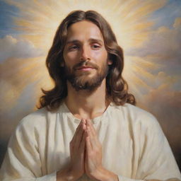 A transcendent painting of Jesus Christ, bathed in soft, warm light, with hands gently folded in prayer, a serene smile on his face. The background blends harmoniously with celestial clouds and divine light.