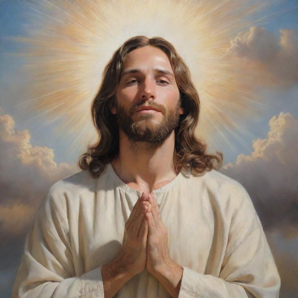 A transcendent painting of Jesus Christ, bathed in soft, warm light, with hands gently folded in prayer, a serene smile on his face. The background blends harmoniously with celestial clouds and divine light.