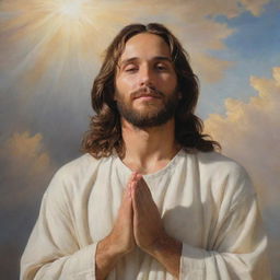 A transcendent painting of Jesus Christ, bathed in soft, warm light, with hands gently folded in prayer, a serene smile on his face. The background blends harmoniously with celestial clouds and divine light.