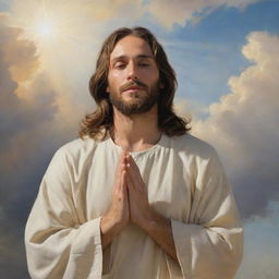 A transcendent painting of Jesus Christ, bathed in soft, warm light, with hands gently folded in prayer, a serene smile on his face. The background blends harmoniously with celestial clouds and divine light.