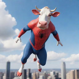 A whimsical render of a cow donned in an accurately detailed Spiderman costume, soaring through the sky with a superheroic stance