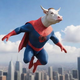 A whimsical render of a cow donned in an accurately detailed Spiderman costume, soaring through the sky with a superheroic stance