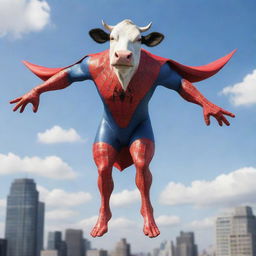 A whimsical render of a cow donned in an accurately detailed Spiderman costume, soaring through the sky with a superheroic stance