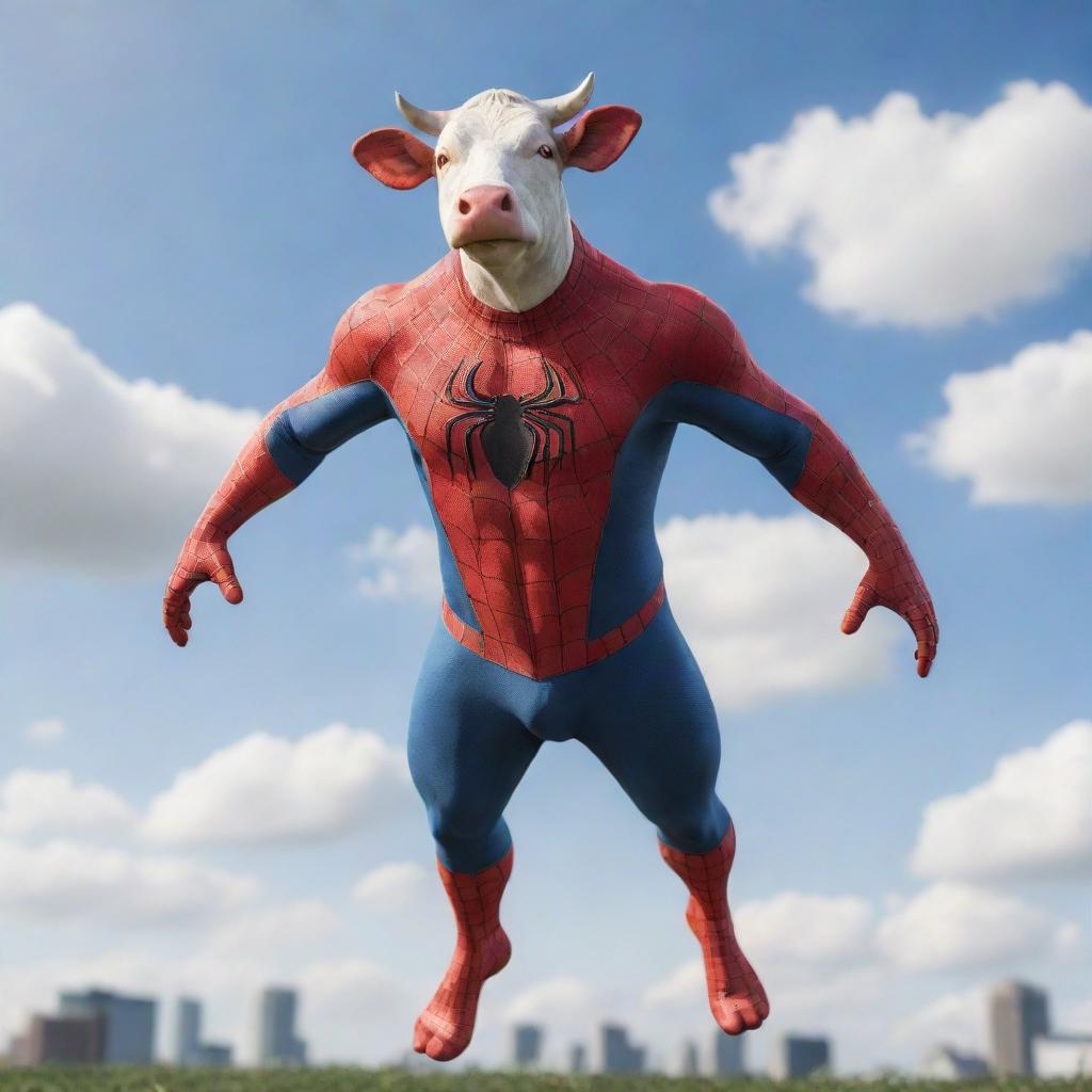 A whimsical render of a cow donned in an accurately detailed Spiderman costume, soaring through the sky with a superheroic stance