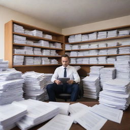 An industrious auditor immersed in a mountain of paperwork in a well-organized, spacious office boasting modern, ergonomic furniture and state-of-the-art technology