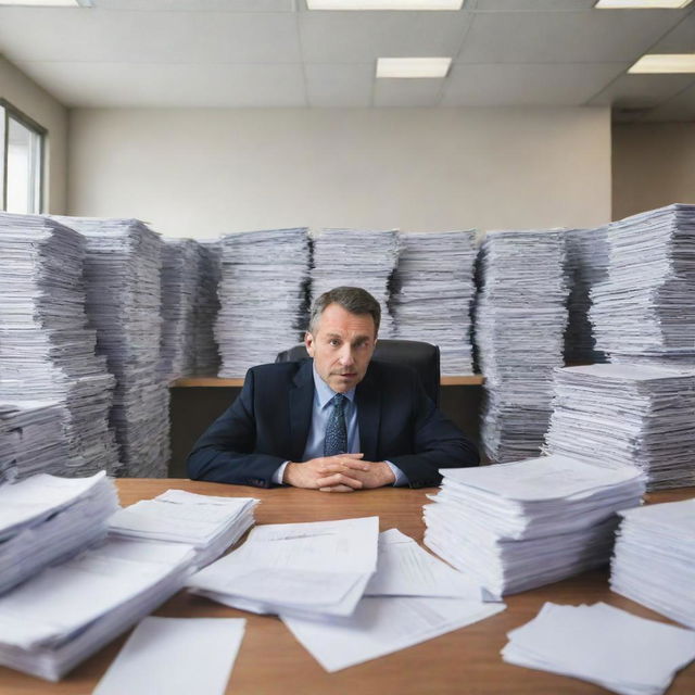 An industrious auditor immersed in a mountain of paperwork in a well-organized, spacious office boasting modern, ergonomic furniture and state-of-the-art technology