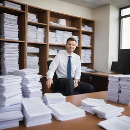 An industrious auditor immersed in a mountain of paperwork in a well-organized, spacious office boasting modern, ergonomic furniture and state-of-the-art technology