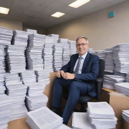 An industrious auditor immersed in a mountain of paperwork in a well-organized, spacious office boasting modern, ergonomic furniture and state-of-the-art technology