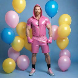 Generate a full body, high-definition, photorealistic image of a muscular man in his 40s with a ginger beard. He's wearing pink latex shorts, a hood, gloves, harness, and a choker, striking a dynamic pose against an iridescent background filled with blue and yellow balloons. Full shot with perfect detail.