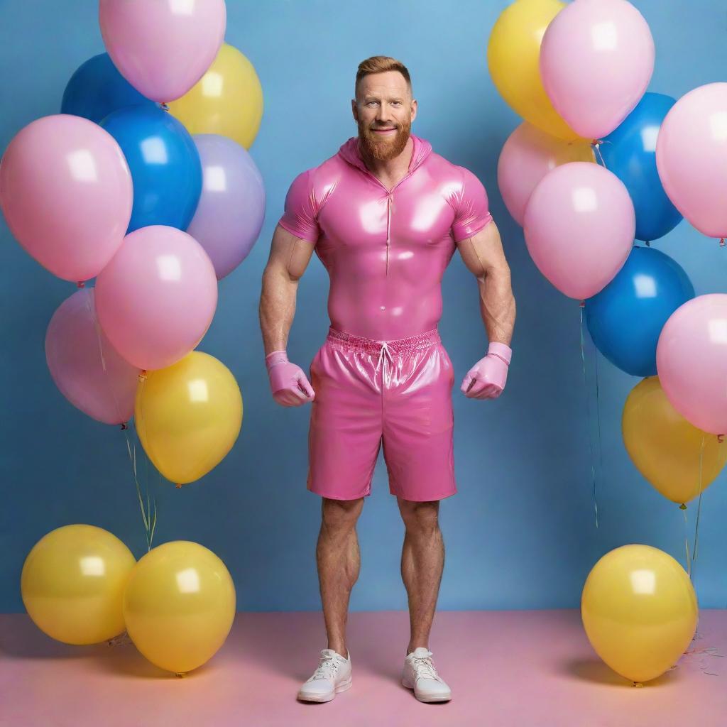 Generate a full body, high-definition, photorealistic image of a muscular man in his 40s with a ginger beard. He's wearing pink latex shorts, a hood, gloves, harness, and a choker, striking a dynamic pose against an iridescent background filled with blue and yellow balloons. Full shot with perfect detail.