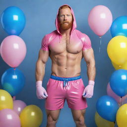 Generate a full body, high-definition, photorealistic image of a muscular man in his 40s with a ginger beard. He's wearing pink latex shorts, a hood, gloves, harness, and a choker, striking a dynamic pose against an iridescent background filled with blue and yellow balloons. Full shot with perfect detail.