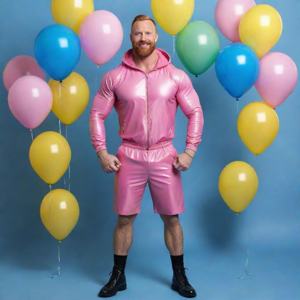 Generate a full body, high-definition, photorealistic image of a muscular man in his 40s with a ginger beard. He's wearing pink latex shorts, a hood, gloves, harness, and a choker, striking a dynamic pose against an iridescent background filled with blue and yellow balloons. Full shot with perfect detail.