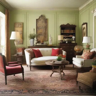 The designer created a farrago of furniture styles, combining both modern and antique pieces in the living room.