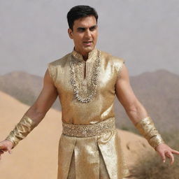 Akshay Kumar dressed in the distinct costume worn by Aamir Khan in the movie PK, mimicking his character's pose and expressions.