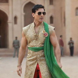 Akshay Kumar dressed in the distinct costume worn by Aamir Khan in the movie PK, mimicking his character's pose and expressions.