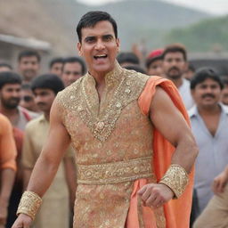 Akshay Kumar dressed in the distinct costume worn by Aamir Khan in the movie PK, mimicking his character's pose and expressions.