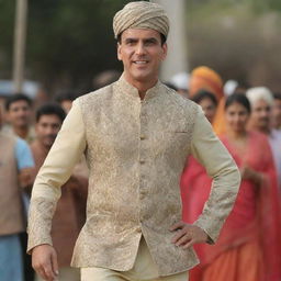 Akshay Kumar dressed in the distinct costume worn by Aamir Khan in the movie PK, mimicking his character's pose and expressions.