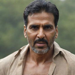 Akshay Kumar playing the lead role in the movie 'Pushpa', dressed in rustic attire, displaying strong and intense expressions congruent with the character.