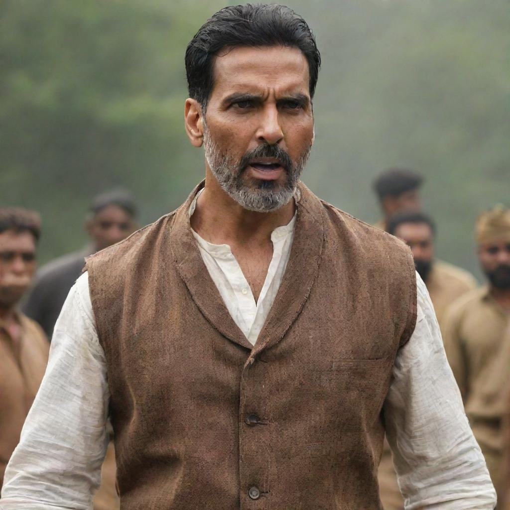 Akshay Kumar playing the lead role in the movie 'Pushpa', dressed in rustic attire, displaying strong and intense expressions congruent with the character.