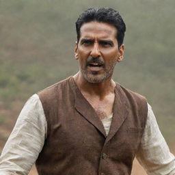 Akshay Kumar playing the lead role in the movie 'Pushpa', dressed in rustic attire, displaying strong and intense expressions congruent with the character.