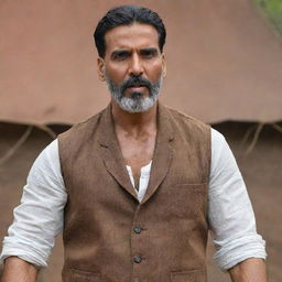 Akshay Kumar playing the lead role in the movie 'Pushpa', dressed in rustic attire, displaying strong and intense expressions congruent with the character.