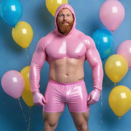 Generate a full body, high-definition, photorealistic image of a muscular 40-year-old man with a ginger beard. He is wearing pink latex shorts, a hood, gloves, a mask, and a harness, and a choker. He is powerfully posing against an iridescent background filled with blue and yellow balloons. Full shot, impeccable detail.