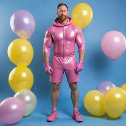 Generate a full body, high-definition, photorealistic image of a muscular 40-year-old man with a ginger beard. He is wearing pink latex shorts, a hood, gloves, a mask, and a harness, and a choker. He is powerfully posing against an iridescent background filled with blue and yellow balloons. Full shot, impeccable detail.