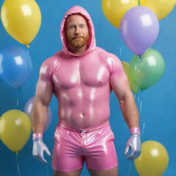 Generate a full body, high-definition, photorealistic image of a muscular 40-year-old man with a ginger beard. He is wearing pink latex shorts, a hood, gloves, a mask, and a harness, and a choker. He is powerfully posing against an iridescent background filled with blue and yellow balloons. Full shot, impeccable detail.