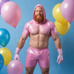 Generate a full body, high-definition, photorealistic image of a muscular 40-year-old man with a ginger beard. He is wearing pink latex shorts, a hood, gloves, a mask, and a harness, and a choker. He is powerfully posing against an iridescent background filled with blue and yellow balloons. Full shot, impeccable detail.