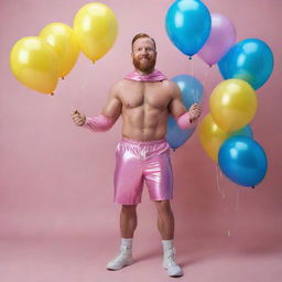 Generate a full-body, high-definition, photorealistic image of a 40-year-old muscular man with a ginger beard. He's wearing pink latex shorts, a mask hood, harness, and a choker, striking a dynamic pose with an iridescent background filled with blue and yellow balloons. The image should be a full shot and exhibit perfect detail.