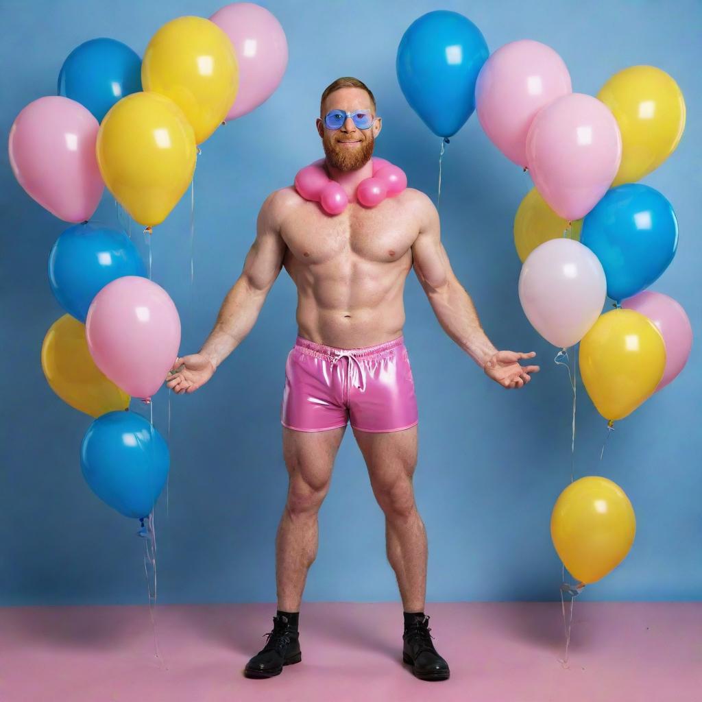 Generate a full-body, high-definition, photorealistic image of a 40-year-old muscular man with a ginger beard. He's wearing pink latex shorts, a mask hood, harness, and a choker, striking a dynamic pose with an iridescent background filled with blue and yellow balloons. The image should be a full shot and exhibit perfect detail.