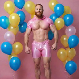 Generate a full-body, high-definition, photorealistic image of a 40-year-old muscular man with a ginger beard. He's wearing pink latex shorts, a mask hood, harness, and a choker, striking a dynamic pose with an iridescent background filled with blue and yellow balloons. The image should be a full shot and exhibit perfect detail.