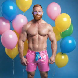 Generate a full-body, high-definition, photorealistic image of a 40-year-old muscular man with a ginger beard. He's wearing pink latex shorts, a mask hood, harness, and a choker, striking a dynamic pose with an iridescent background filled with blue and yellow balloons. The image should be a full shot and exhibit perfect detail.