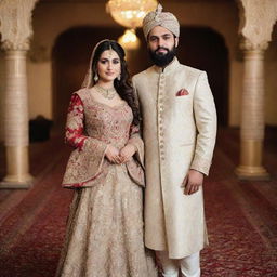 A 27-year-old Pakistani bride with a chubby figure, dressed in an elaborative wedding dress, standing alongside a bearded 28-year-old Pakistani groom wearing a traditional sherwani in a well-decorated marriage hall.