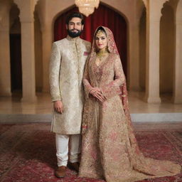 A 27-year-old Pakistani bride with a chubby figure, dressed in an elaborative wedding dress, standing alongside a bearded 28-year-old Pakistani groom wearing a traditional sherwani in a well-decorated marriage hall.