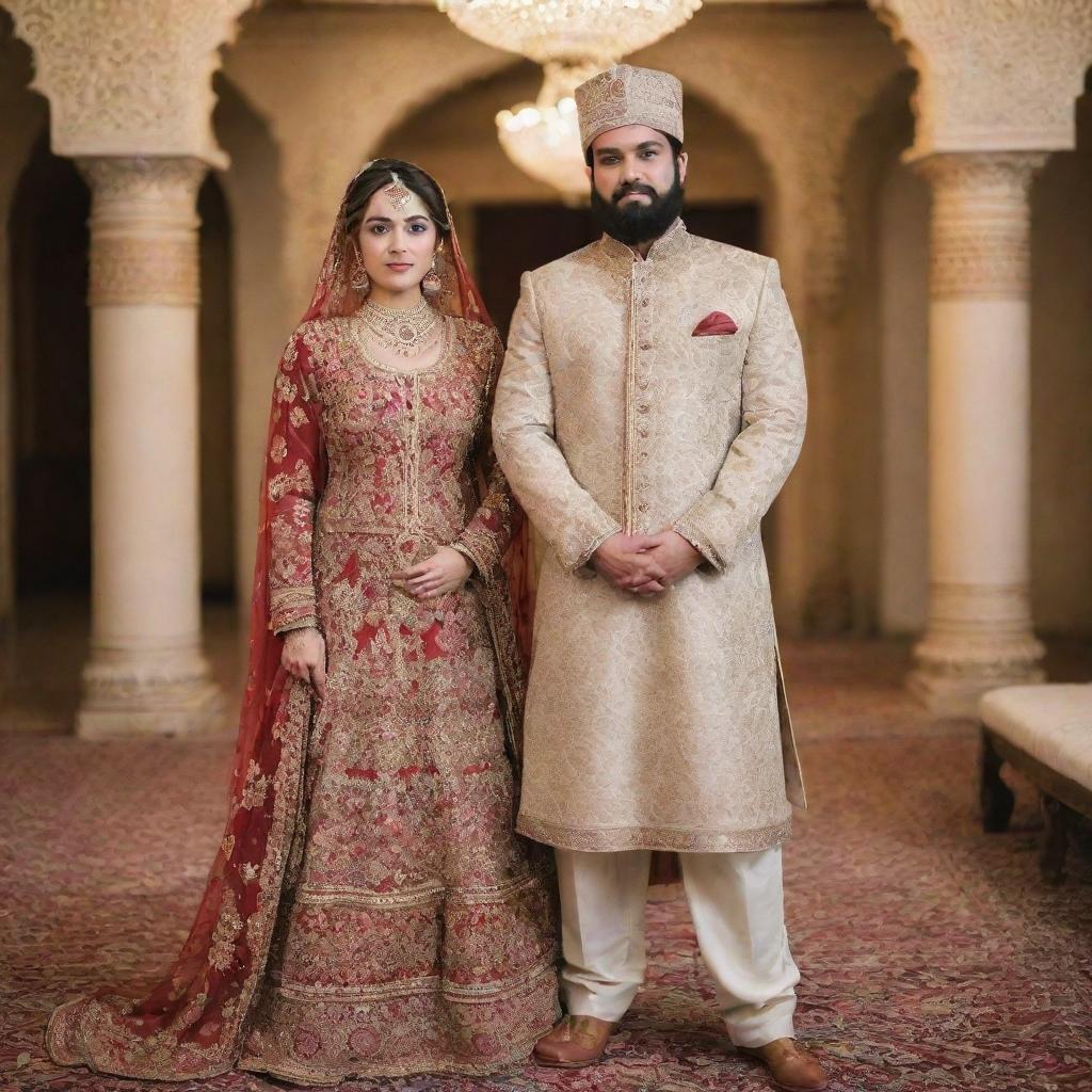 A 27-year-old Pakistani bride with a chubby figure, dressed in an elaborative wedding dress, standing alongside a bearded 28-year-old Pakistani groom wearing a traditional sherwani in a well-decorated marriage hall.