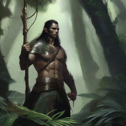 A high-quality digital art depicting a male Eladrin Gloom Stalker, crouched in the dense foliage of a jungle
