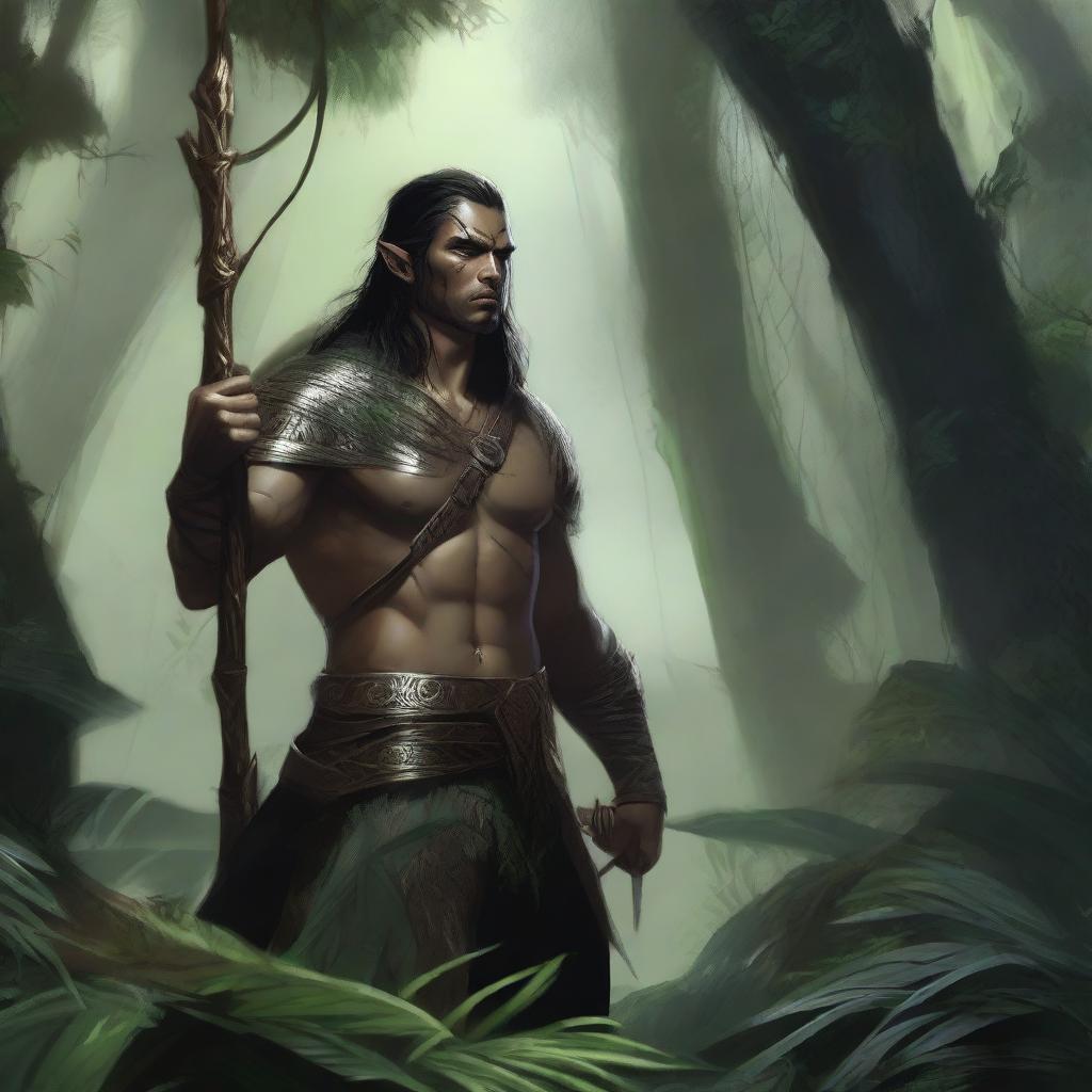 A high-quality digital art depicting a male Eladrin Gloom Stalker, crouched in the dense foliage of a jungle