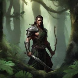A high-quality digital art depicting a male Eladrin Gloom Stalker, crouched in the dense foliage of a jungle