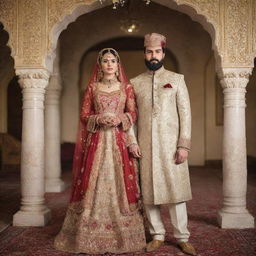 A 27-year-old Pakistani bride with a chubby figure, dressed in an elaborative wedding dress, standing alongside a bearded 28-year-old Pakistani groom wearing a traditional sherwani in a well-decorated marriage hall.