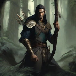 A high-quality digital art depicting a male Eladrin Gloom Stalker, crouched in the dense foliage of a jungle