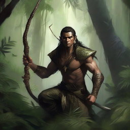 A high-quality digital art depicting a male Eladrin Gloom Stalker, crouched in the dense foliage of a jungle