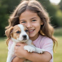 A young girl tenderly holding a cute, playful puppy. Both are expressing immense joy and affection towards each other.