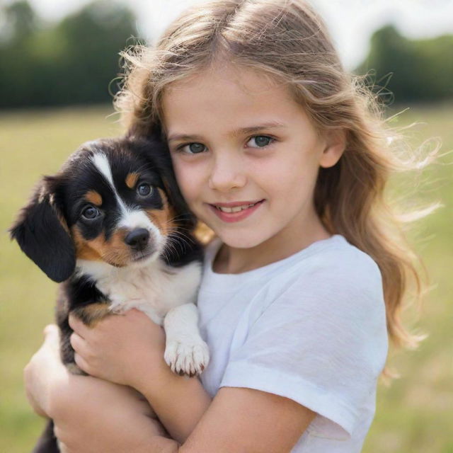 A young girl tenderly holding a cute, playful puppy. Both are expressing immense joy and affection towards each other.