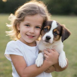 A young girl tenderly holding a cute, playful puppy. Both are expressing immense joy and affection towards each other.